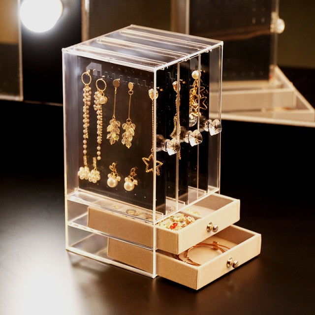 Portable Earrings Ring Display Stand Shelf Dustproof Acrylic Jewelry Storage Box Drawer Women Necklace Bracelet Organizer Case