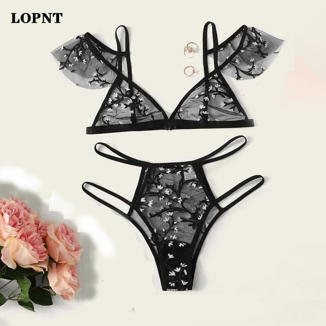 Floral Embroidery Sheer Mesh Lingerie Set