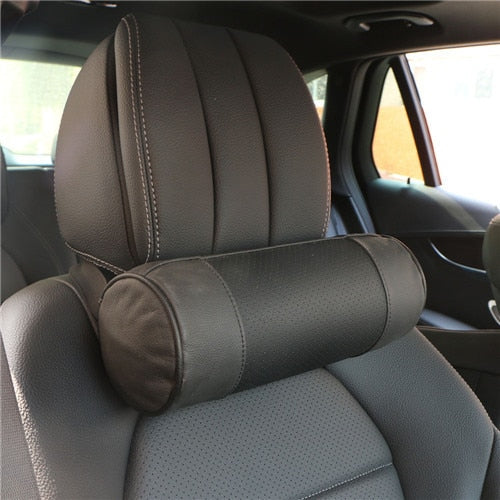 Memory Foam Car Neck Pillow/Genuine Leather Auto Cervical Round Roll Office Chair Bolster Headrest Supports Cushion Pad Black