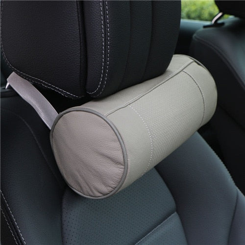 Memory Foam Car Neck Pillow/Genuine Leather Auto Cervical Round Roll Office Chair Bolster Headrest Supports Cushion Pad Black