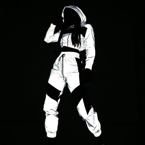 Hip Hop Reflective 2 Piece Set Women Tracksuit