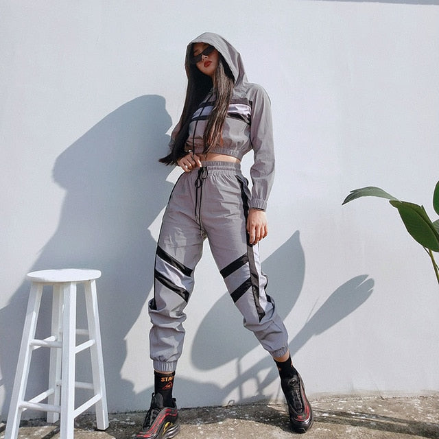 Hip Hop Reflective 2 Piece Set Women Tracksuit