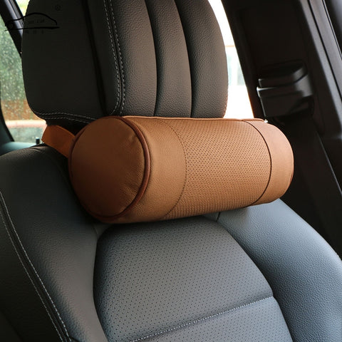 Memory Foam Car Neck Pillow/Genuine Leather Auto Cervical Round Roll Office Chair Bolster Headrest Supports Cushion Pad Black