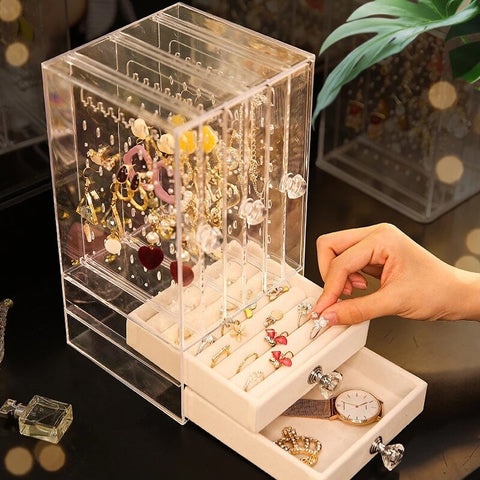 Portable Earrings Ring Display Stand Shelf Dustproof Acrylic Jewelry Storage Box Drawer Women Necklace Bracelet Organizer Case