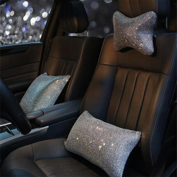 Fashion Rhinestone Crystal Car Headrest Neck Pillows Diamond Car Seat Belt Cover Pad Waist Support Auto Interior Accessories Set