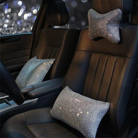 Fashion Rhinestone Crystal Car Headrest Neck Pillows Diamond Car Seat Belt Cover Pad Waist Support Auto Interior Accessories Set